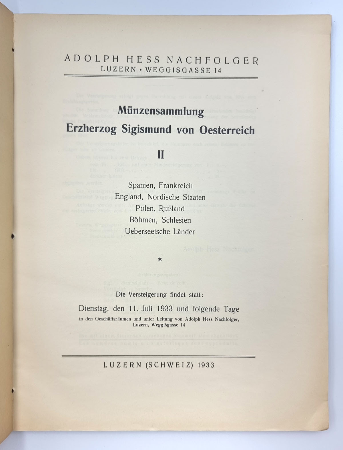 Katalog aukcyjny Adolph Hess Nachfolger - Münzensammlung Erzherzog Sigismund von Oesterreich II  Luzern, 11. Juli 1933